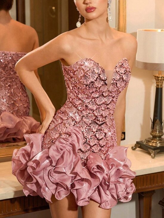 Dresses & Skirts - Pink Elegant Mini Strapless Women's V-Neck Party Dress with Rhinestone Sequins